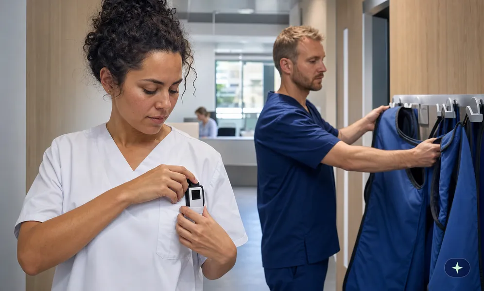 Medizinische Technologin steckt vor dem Röntgenraum ihr Dosimeter an, ein Kollege nimmt eine Bleischürze
