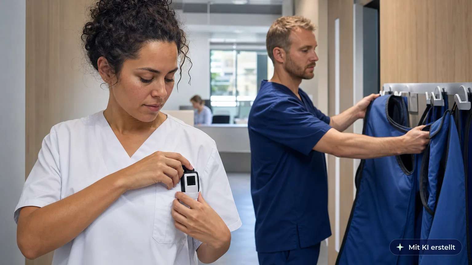 Medizinische Technologin steckt vor dem Röntgenraum ihr Dosimeter an, ein Kollege nimmt eine Bleischürze