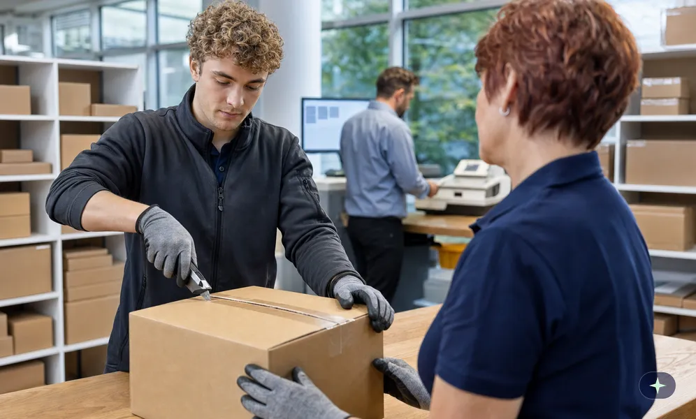 Mitarbeiter der Poststelle öffnet einen Karton mit dem Sicherheitsmesser und schneidet vom Körper weg