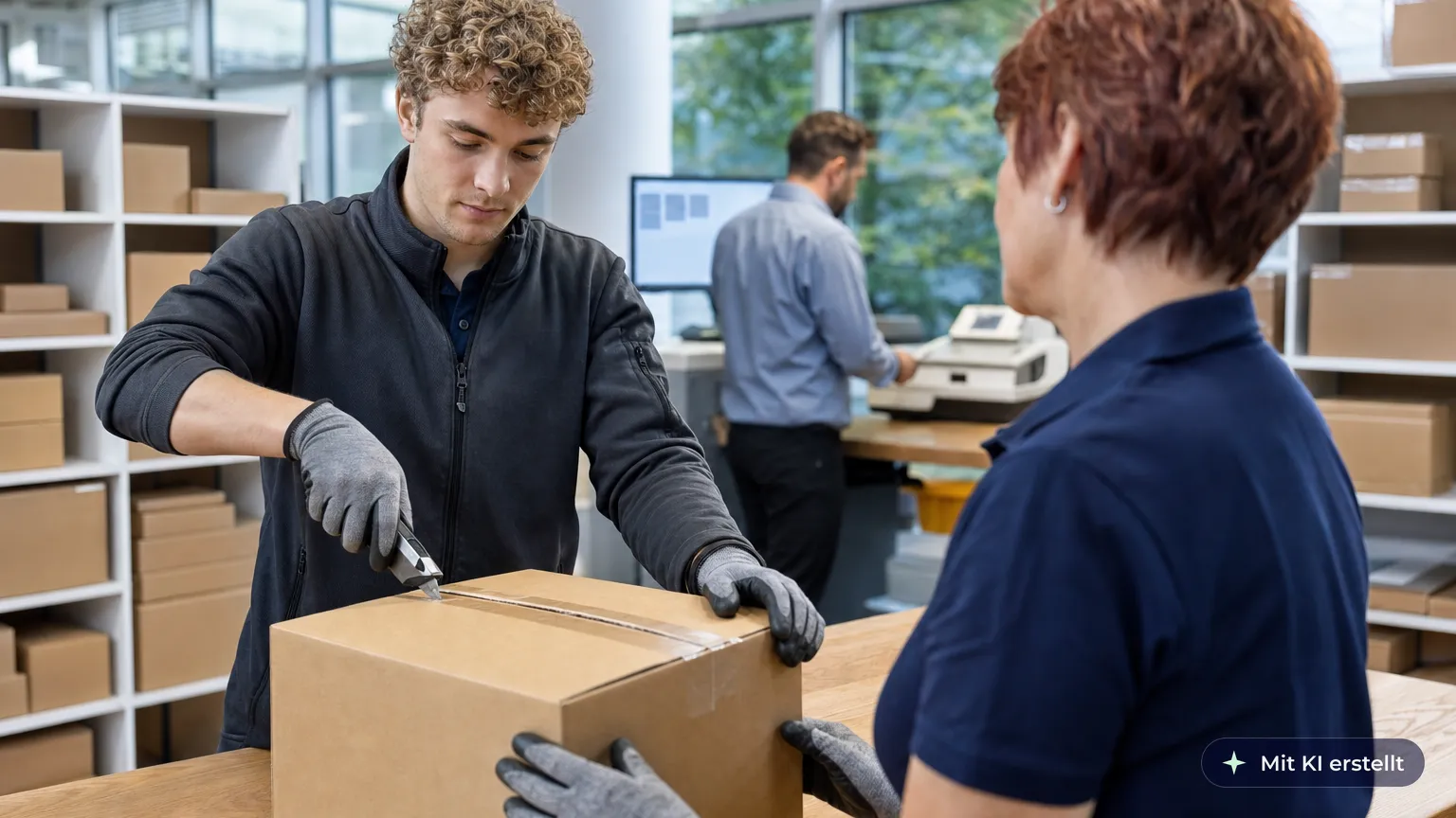 Mailroom employee opens a box with a safety knife at the packing table, cutting away from his body