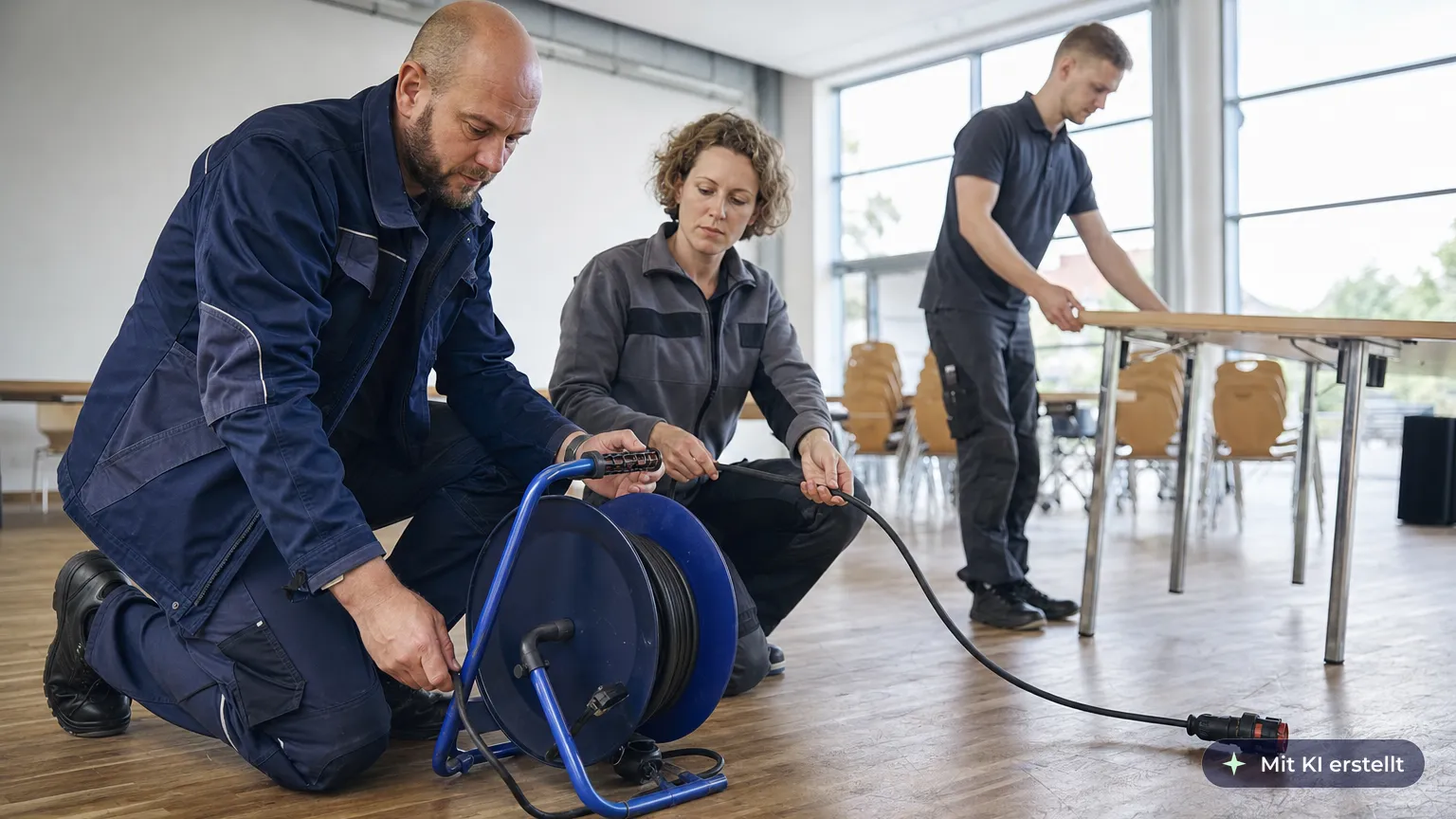 Worker fully unwinds a cable reel at a community hall while a colleague checks the cable by hand