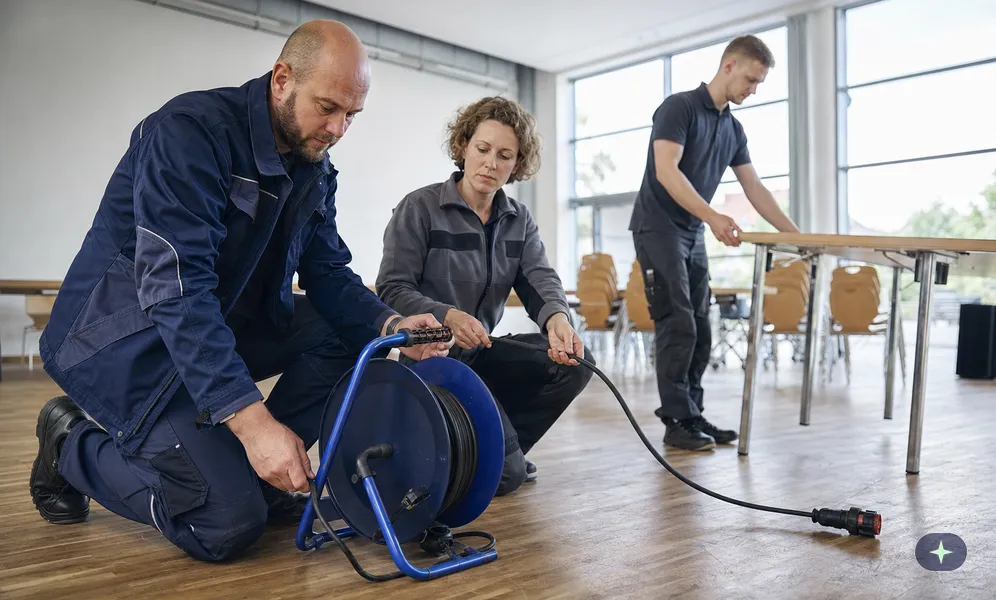Mitarbeiter wickelt in einer Mehrzweckhalle eine Kabeltrommel ganz ab, eine Kollegin prüft das Kabel mit der Hand