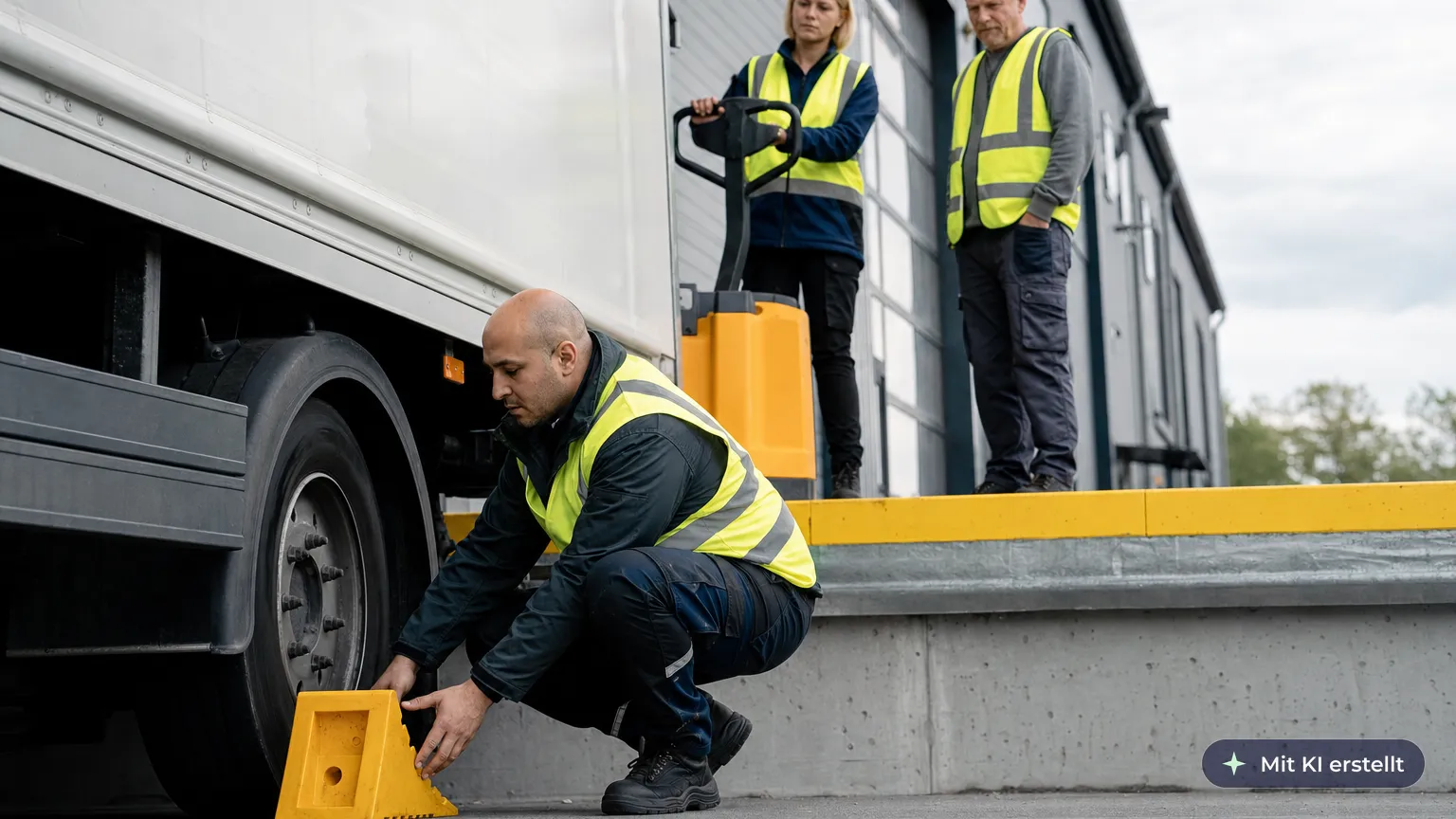 Truck driver places a wheel chock at the loading dock while two warehouse workers wait with a pallet truck