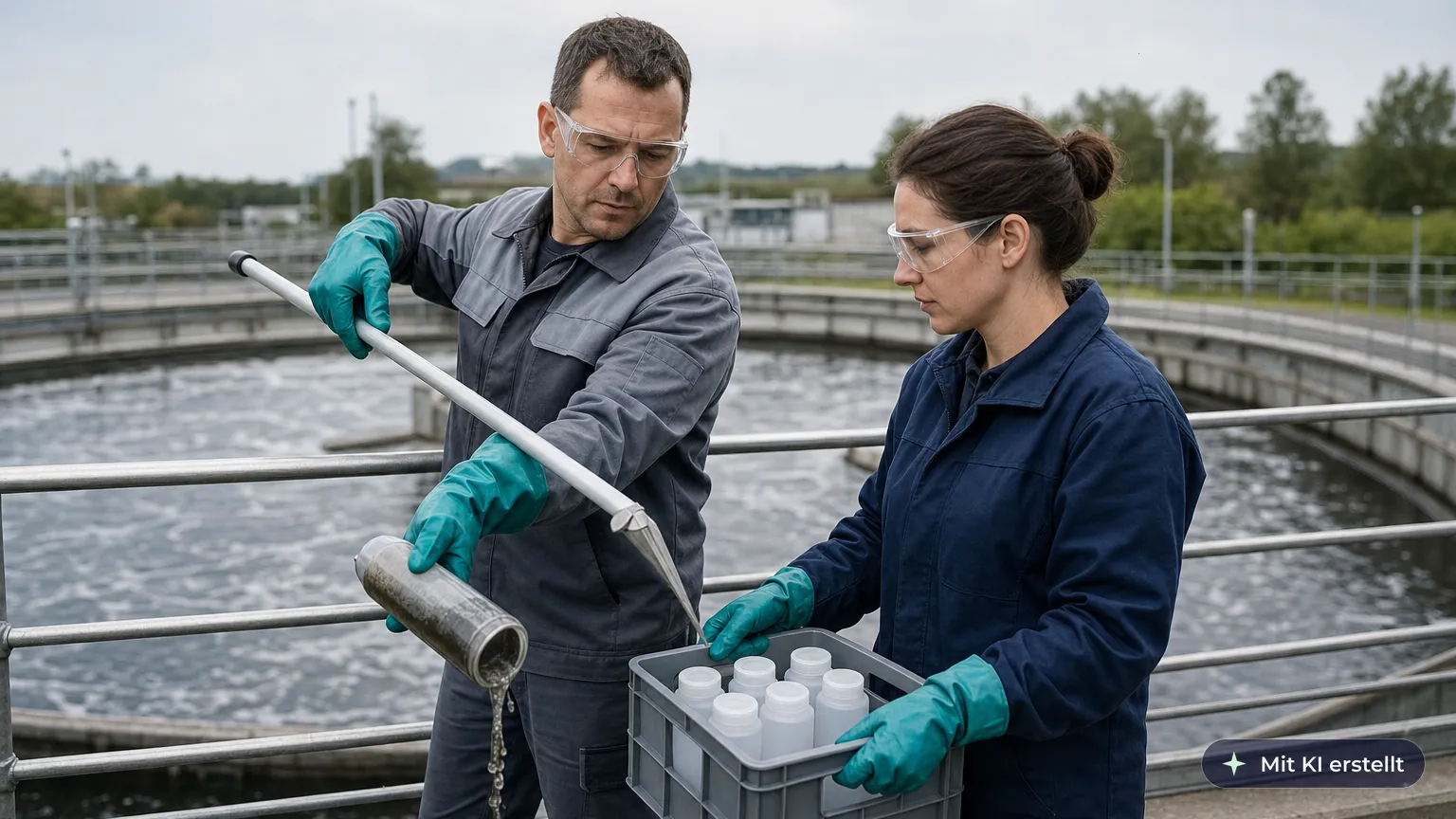 Sewage plant worker takes a wastewater sample from behind the railing while a colleague holds the sample box