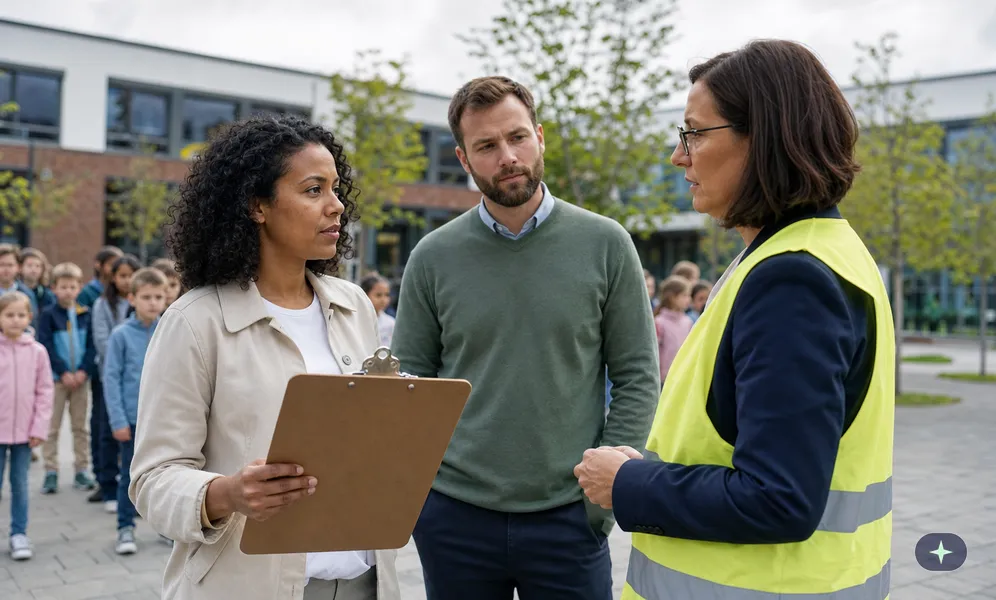 Lehrerin zählt bei einer Räumungsübung am Sammelplatz ihre Klasse durch und meldet es der Schulleiterin