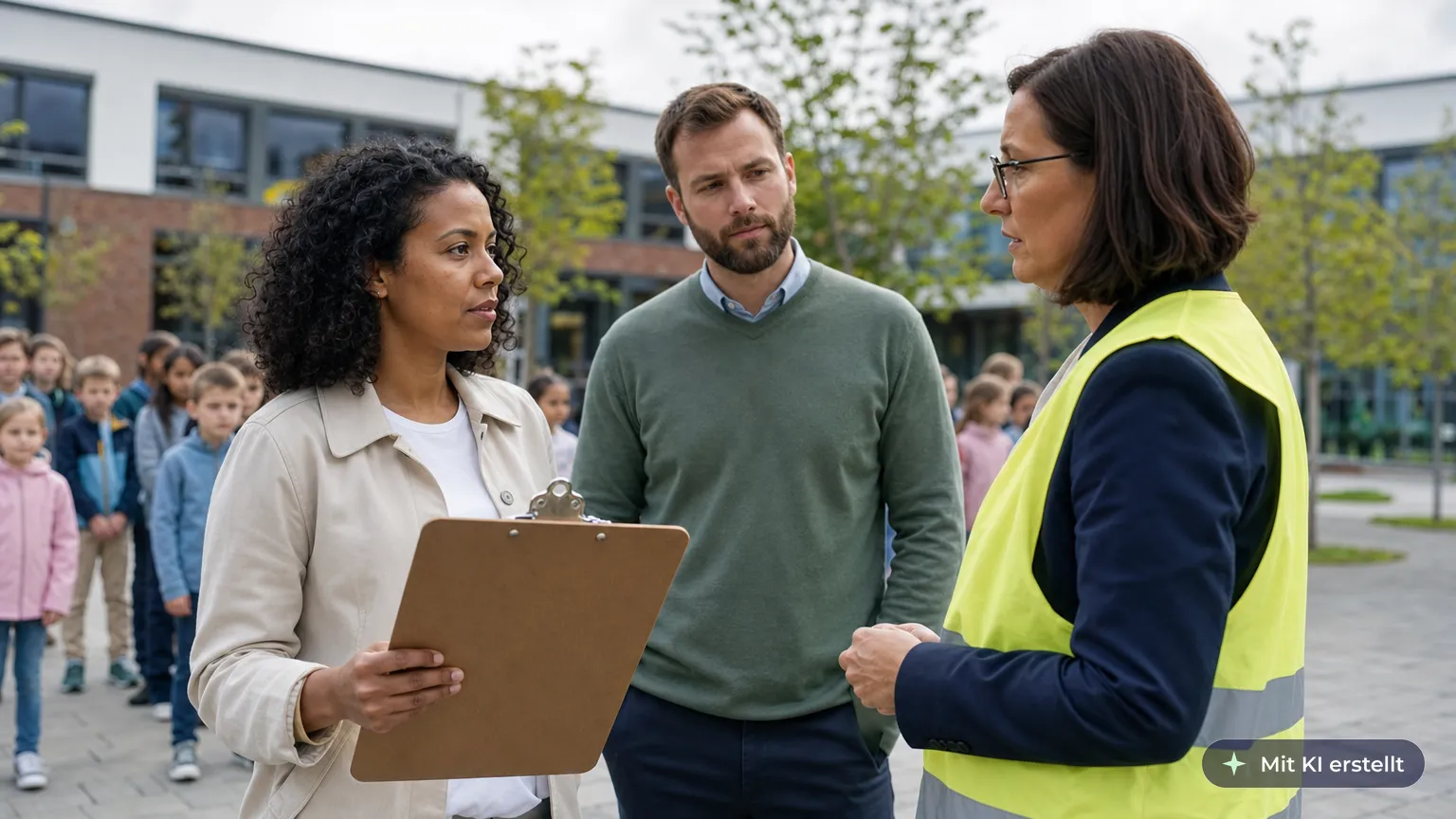 Teacher counts her class at the schoolyard assembly point during a fire drill and reports to the head teacher