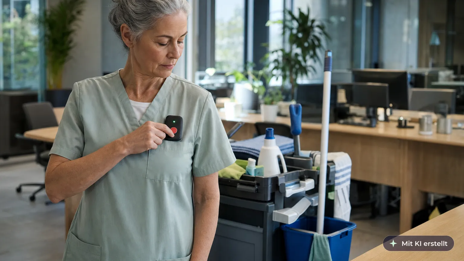 Cleaner switches on her personal alarm device before starting her shift alone in an empty office