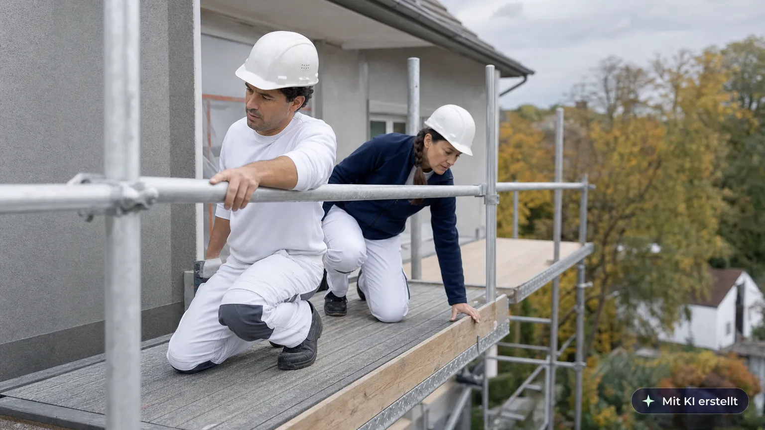 Plasterer checks the guardrail on the top scaffold deck while a colleague checks the boards
