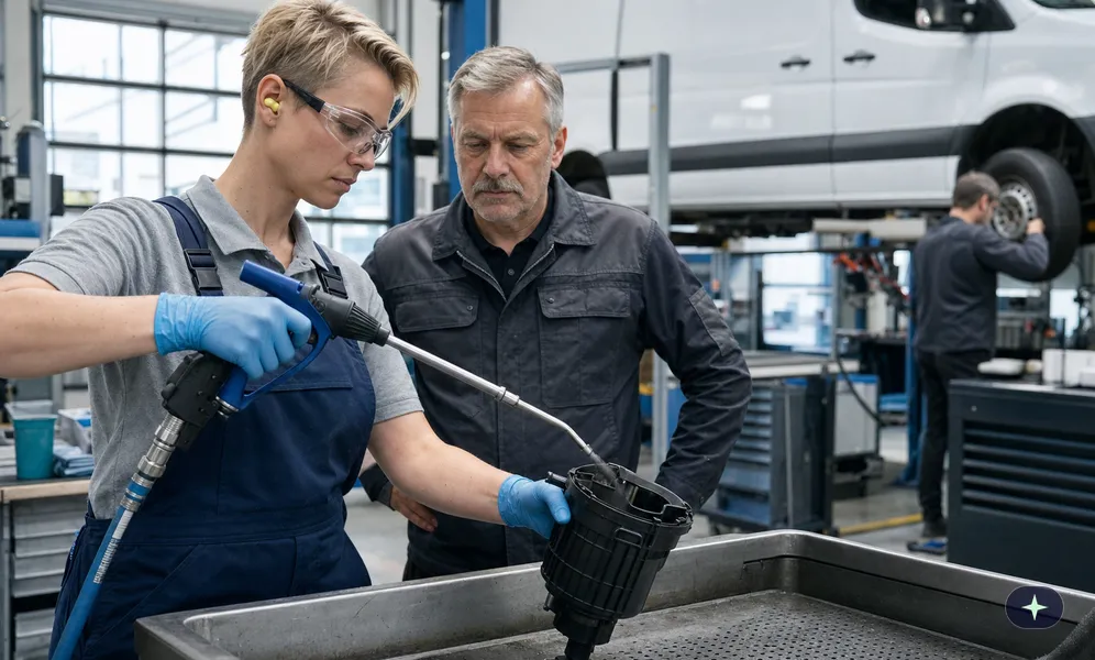 Kfz-Mechatronikerin mit Schutzbrille bläst ein gewaschenes Teil trocken, ihr Kollege steht außerhalb der Blasrichtung