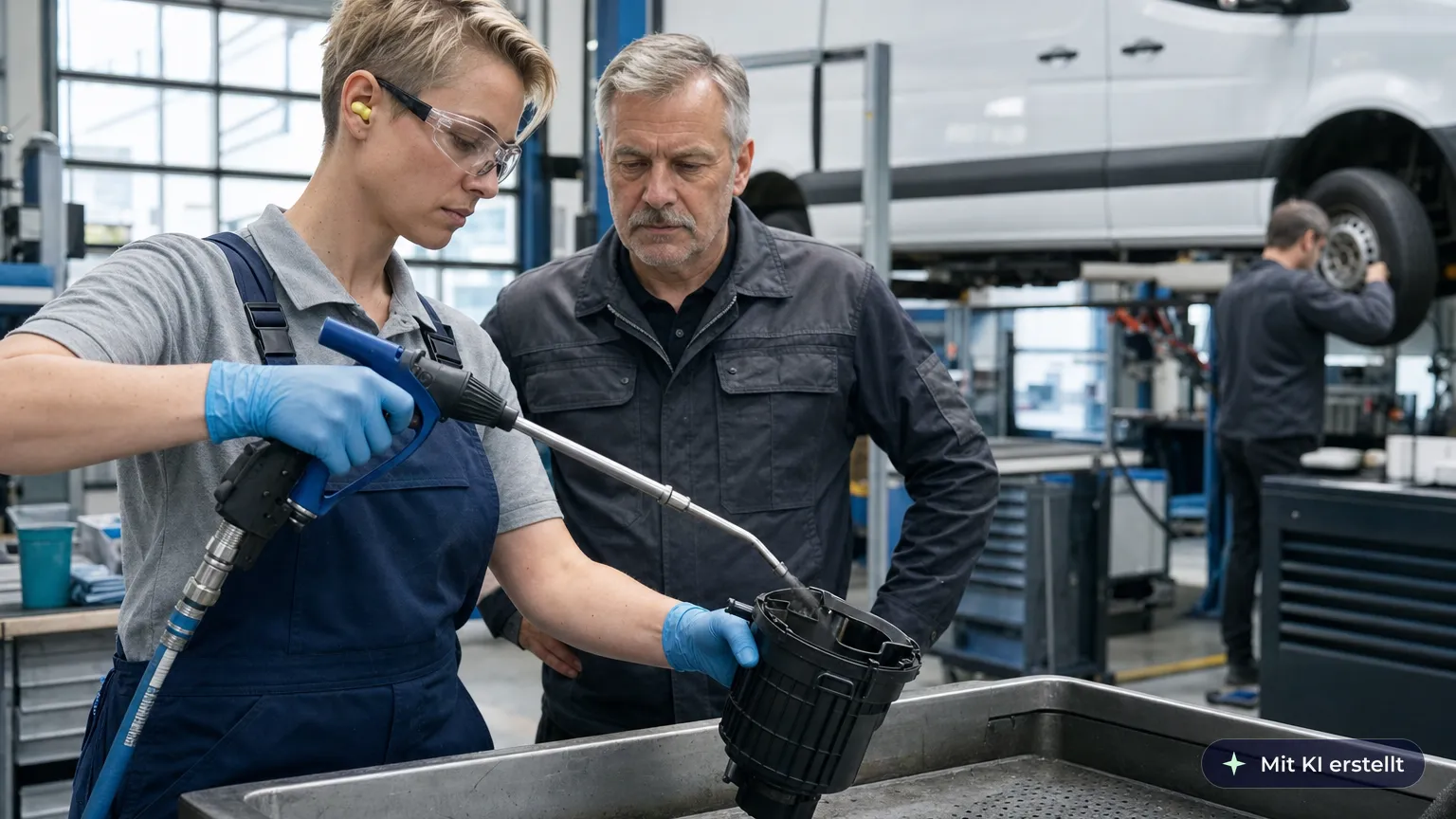 Kfz-Mechatronikerin mit Schutzbrille bläst ein gewaschenes Teil trocken, ihr Kollege steht außerhalb der Blasrichtung