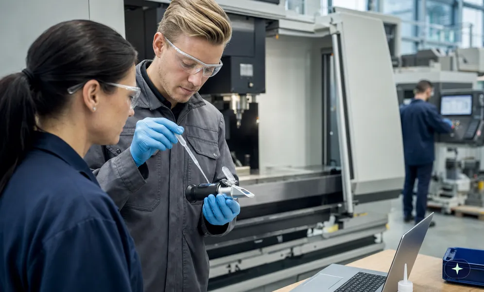 Facharbeiter prüft an der stillstehenden CNC-Maschine mit dem Refraktometer die Konzentration des Kühlschmierstoffs
