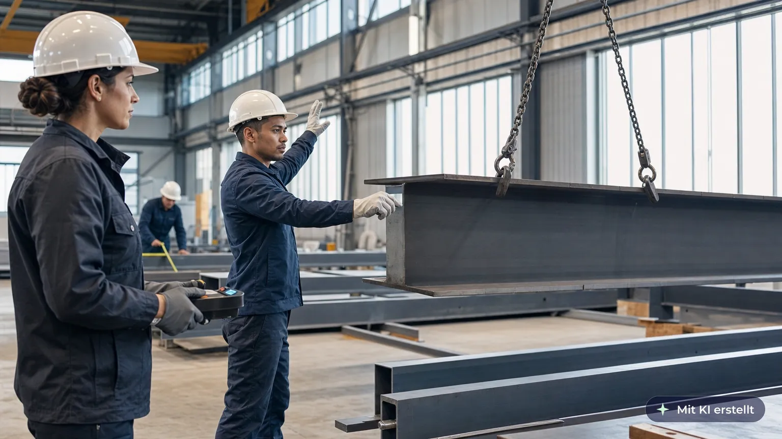 Crane operator slowly lifts a slung steel beam by radio remote while the slinger stands well clear