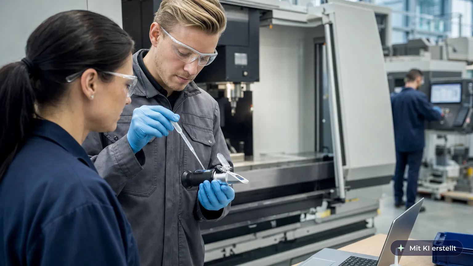 Machinist checks the coolant concentration with a hand refractometer at a stopped CNC machine