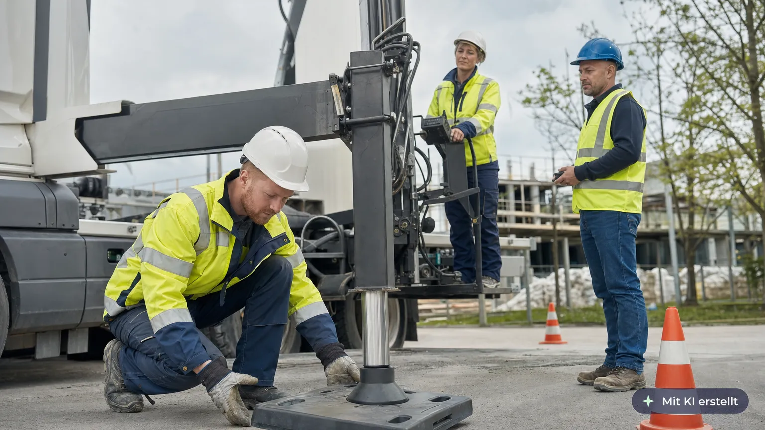 Truck driver places a base plate under the fully extended outrigger before unfolding the loader crane