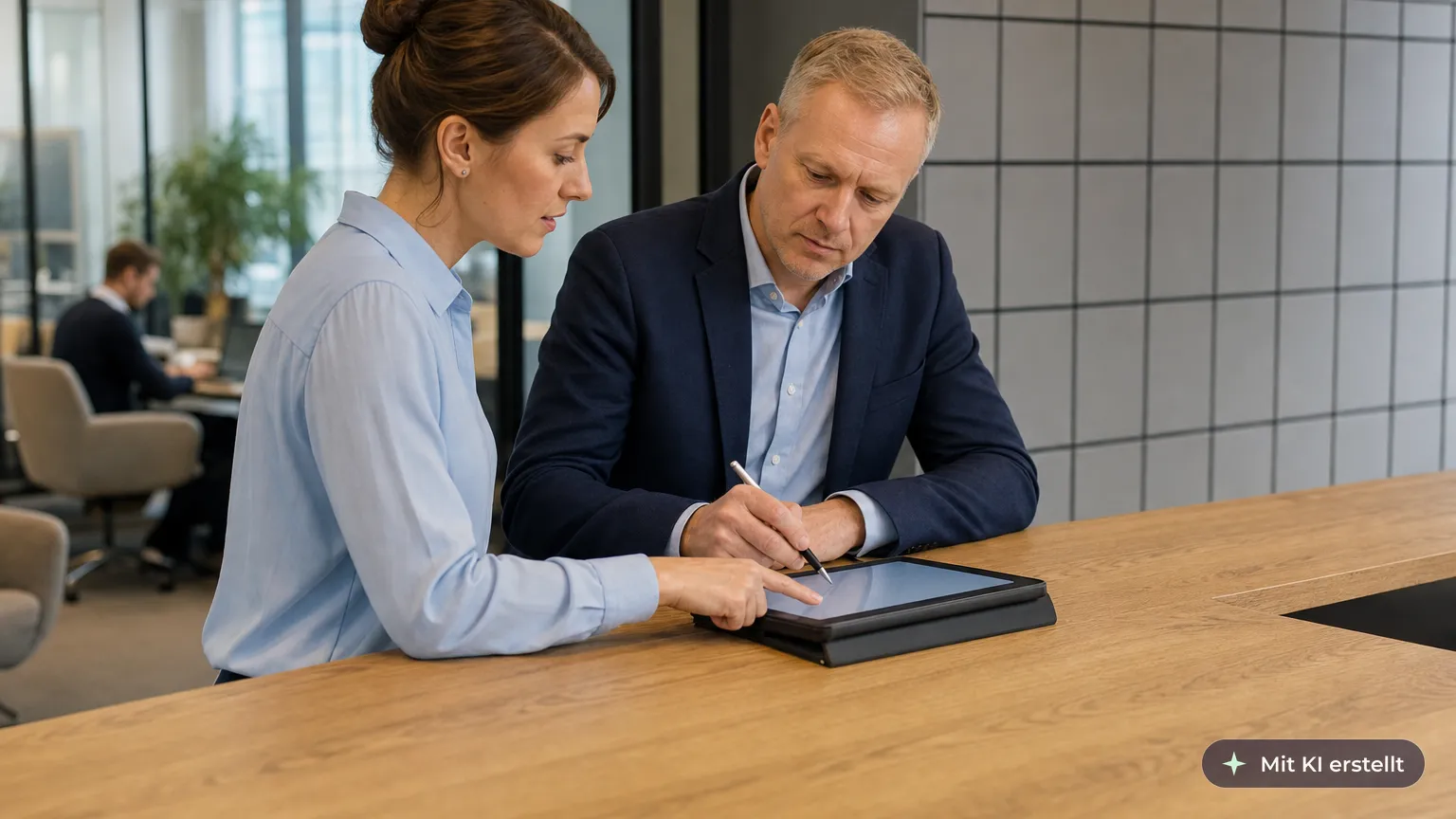 New client signs his beneficial ownership details on a signature pad in a business centre lounge