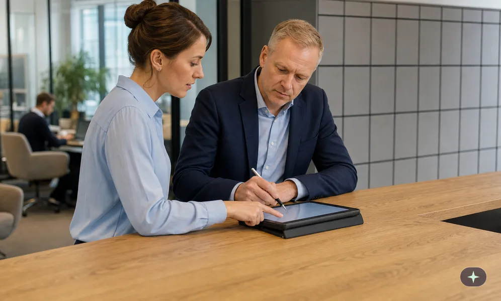 Neukunde unterschreibt in der Lounge eines Business-Centers die Angaben zu den wirtschaftlich Berechtigten