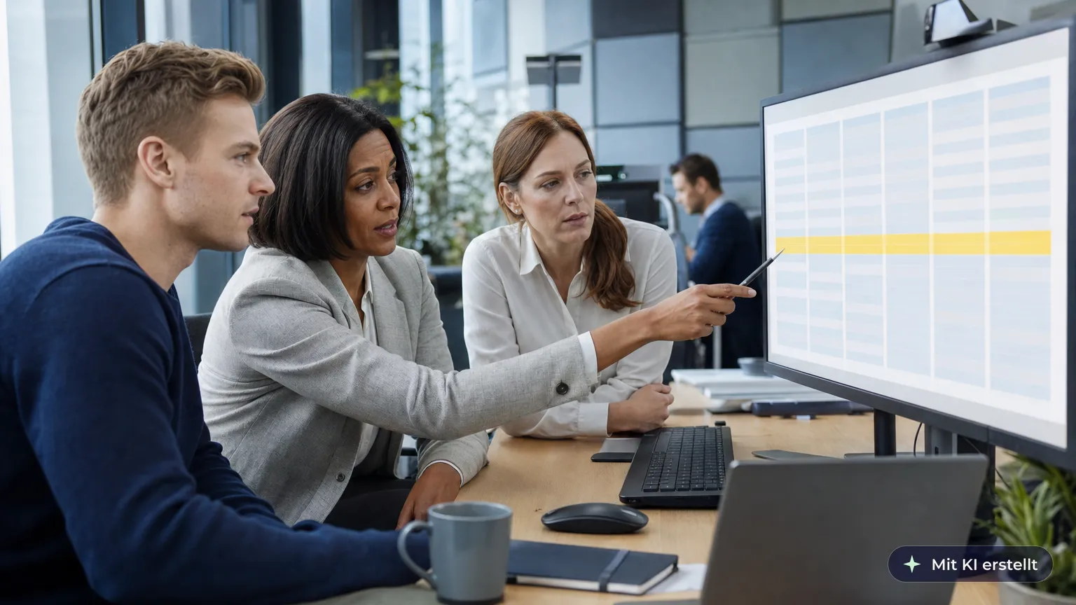 Tax adviser discusses a client's unusually large cash deposit with two colleagues at her monitor