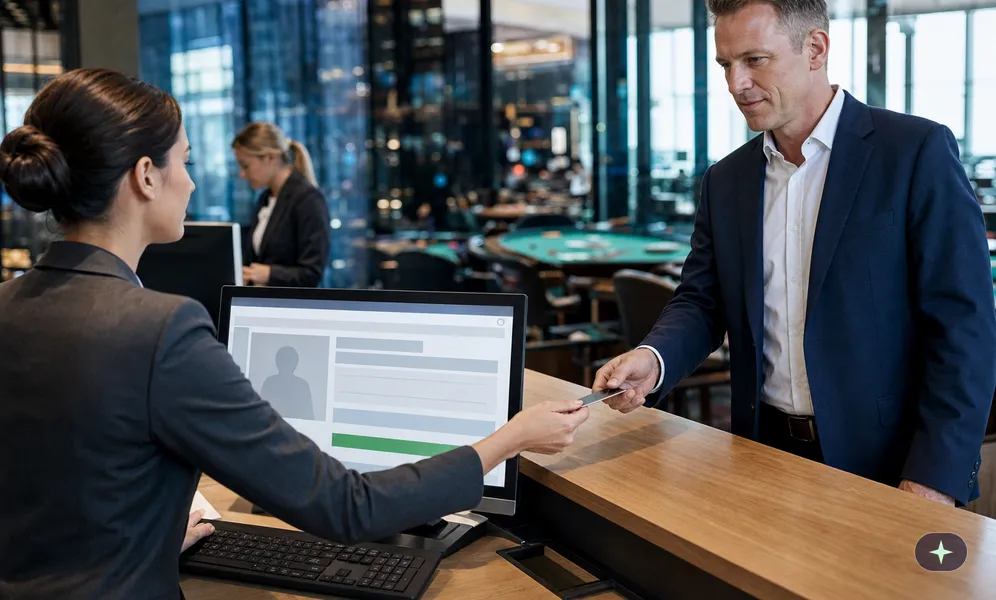Mitarbeiterin am Einlass einer Spielbank gleicht die Angaben eines Gastes am Monitor ab und reicht die Gästekarte