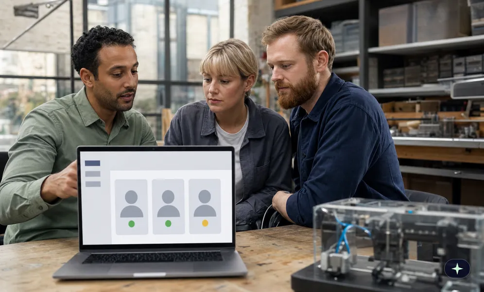 Mitarbeiter einer Crowdfunding-Plattform geht im Werkstattbüro mit zwei Gründern die Gesellschafterangaben durch