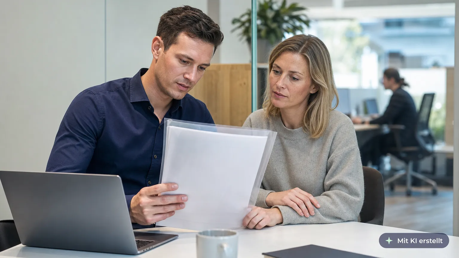 Kreditvermittler gleicht bei einem Finanzierungsgespräch die Originalnachweise einer Antragstellerin mit ihren Angaben ab
