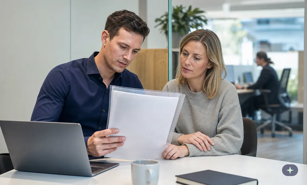 Kreditvermittler gleicht bei einem Finanzierungsgespräch die Originalnachweise einer Antragstellerin mit ihren Angaben ab