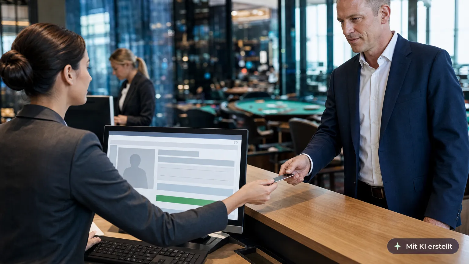 Casino receptionist checks a guest's details on screen at the entrance and hands him his guest card
