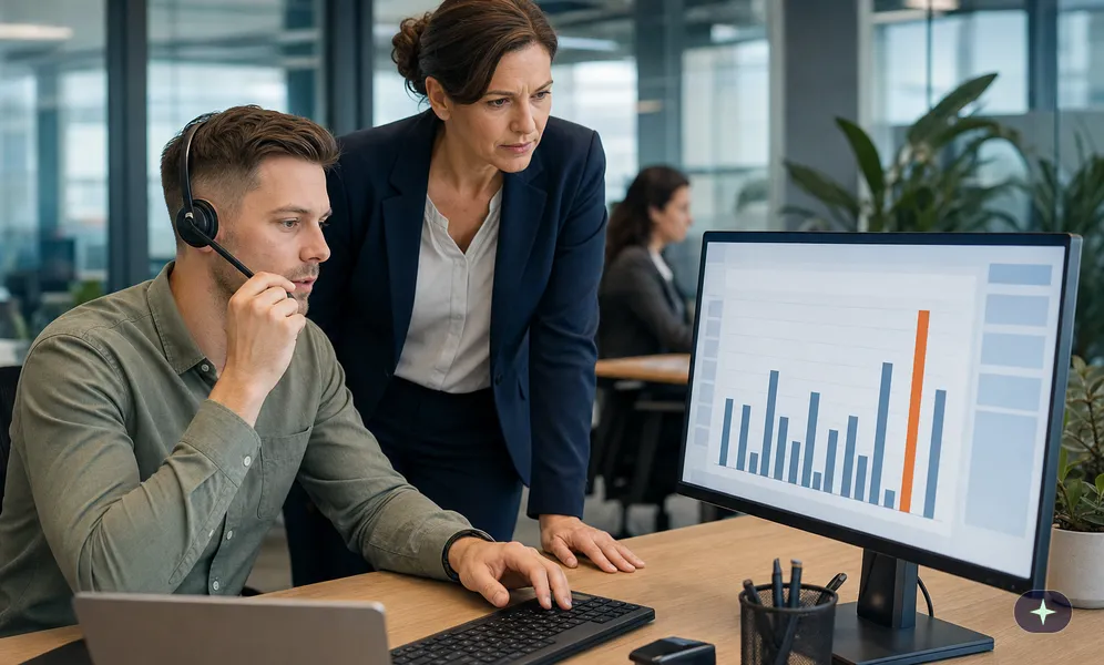 Mitarbeiter eines Online-Brokers fragt per Headset beim Kunden nach, bevor er eine hohe Auszahlung freigibt