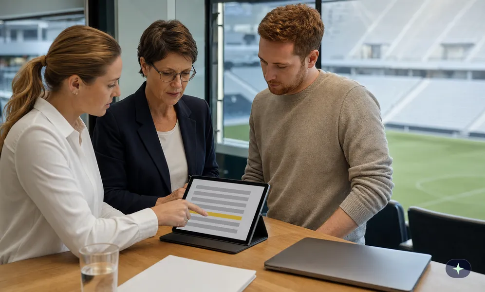 Sponsoring-Managerin klärt in der Stadionlounge mit der Compliance, wer hinter einem neuen Sponsor steht