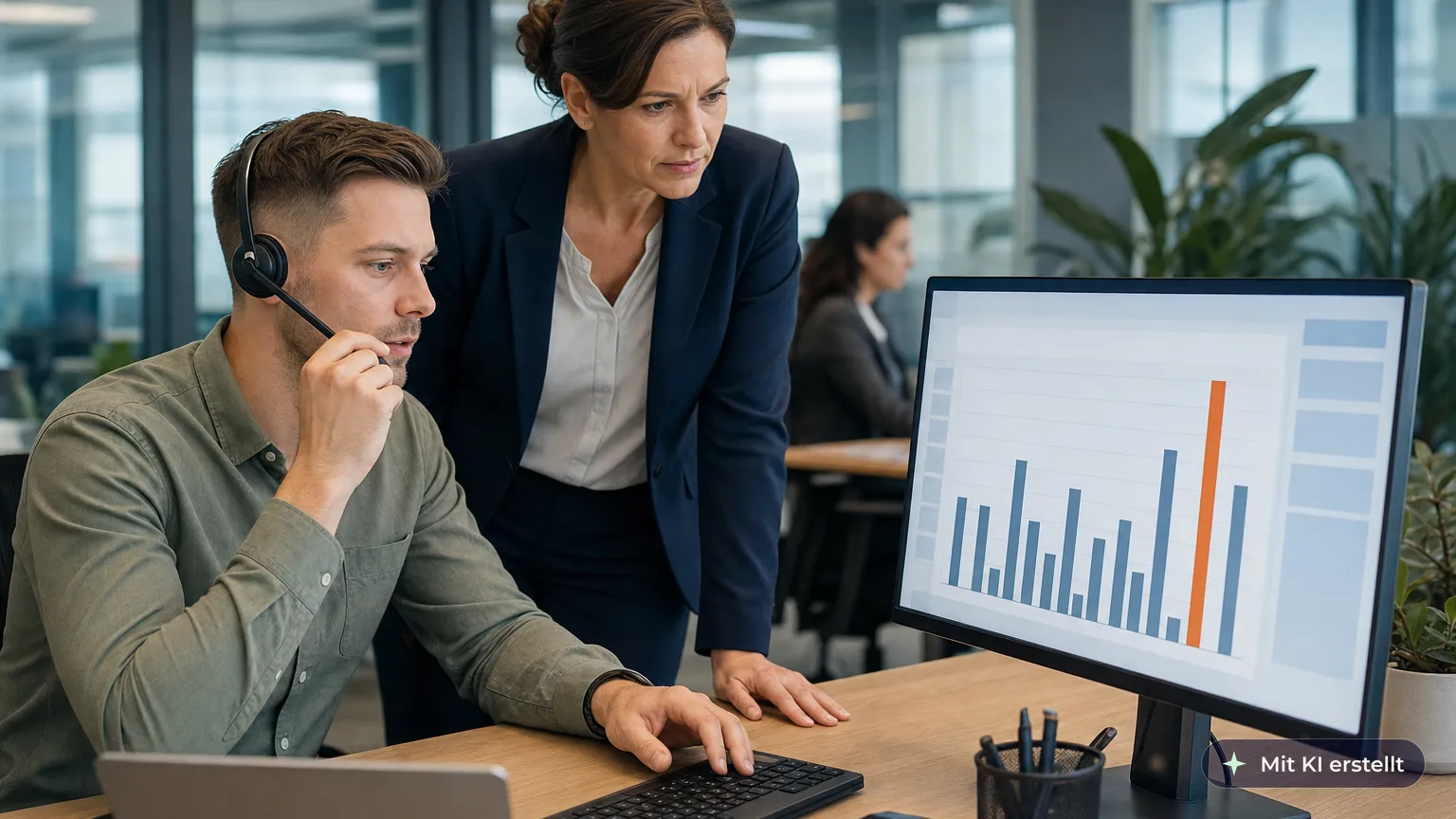 Mitarbeiter eines Online-Brokers fragt per Headset beim Kunden nach, bevor er eine hohe Auszahlung freigibt