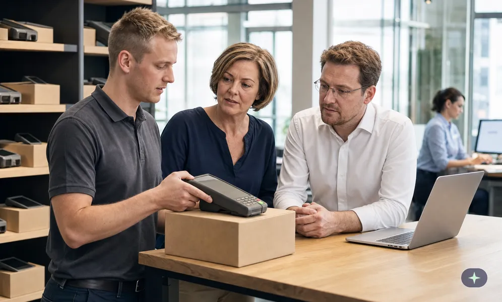 Mitarbeiter eines Zahlungsinstituts hält ein Kartenterminal für einen neuen Händler zurück und prüft den Fall im Team