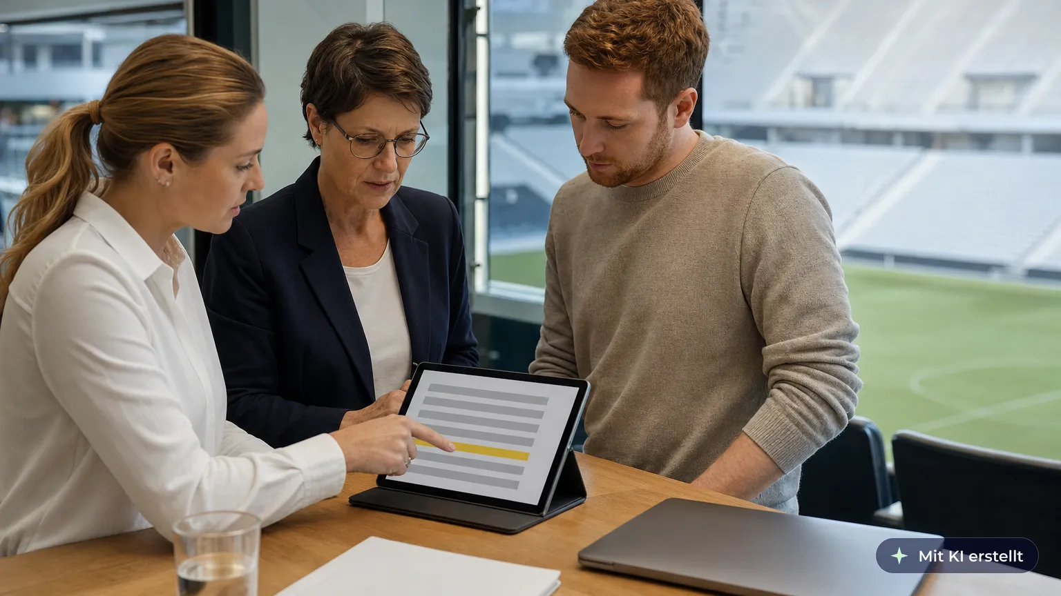 Sponsoring-Managerin klärt in der Stadionlounge mit der Compliance, wer hinter einem neuen Sponsor steht
