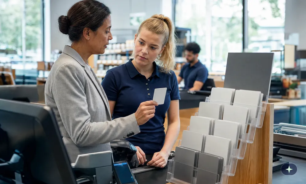 Marktleiterin zeigt einer neuen Kassiererin, worauf sie beim Verkauf von Prepaid-Karten in Mengen achten muss