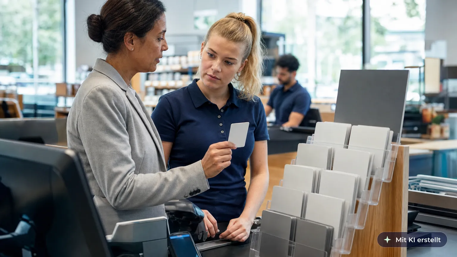 Marktleiterin zeigt einer neuen Kassiererin, worauf sie beim Verkauf von Prepaid-Karten in Mengen achten muss