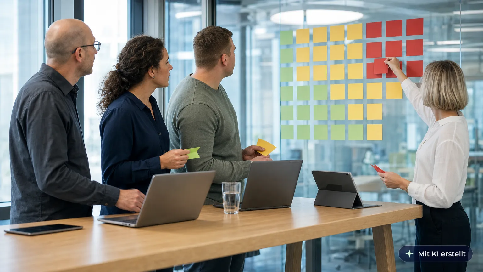 Geldwäschebeauftragter ordnet mit seinem Team am Stehtisch Risikofaktoren in einer Matrix aus farbigen Karten