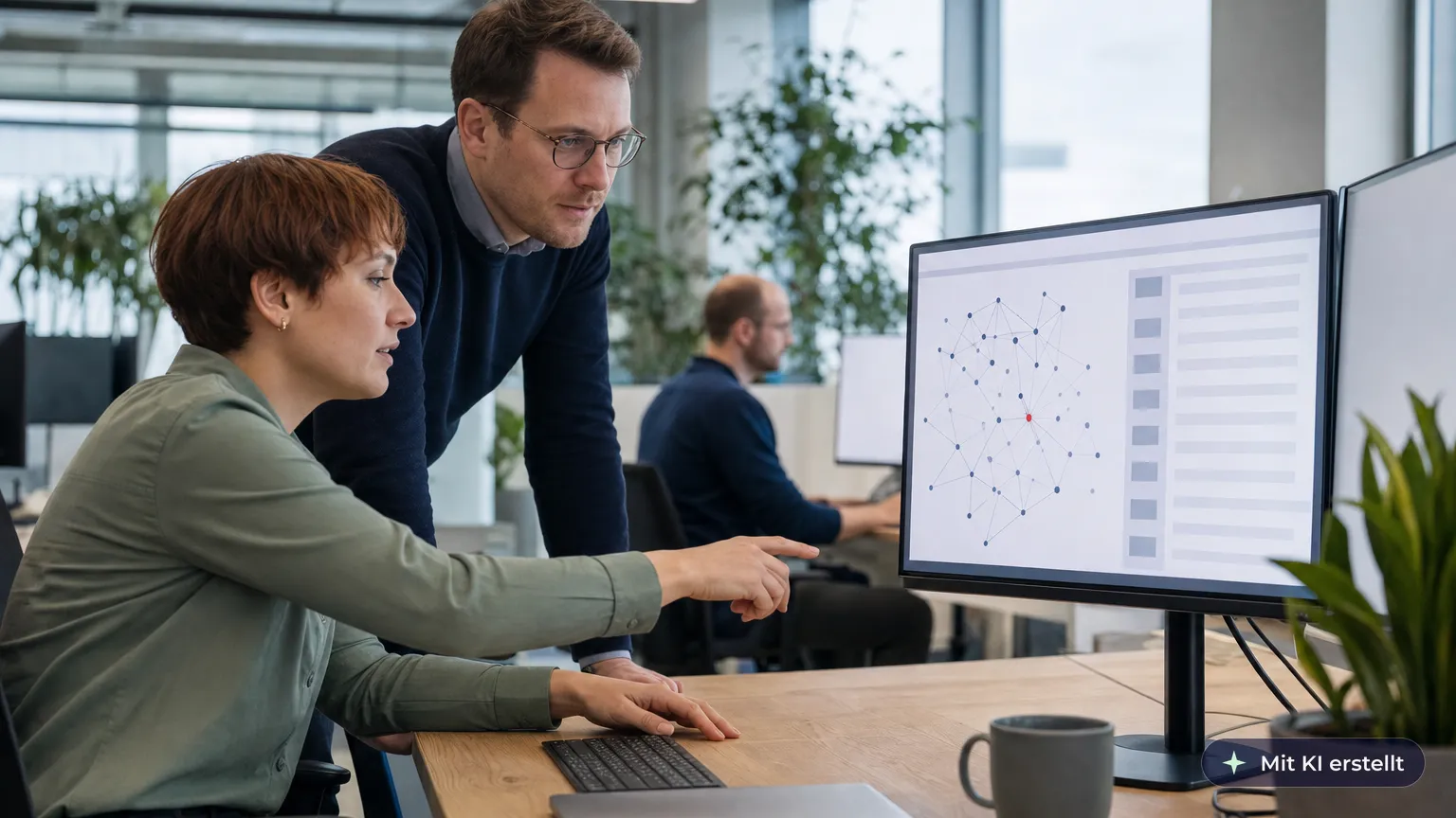 Analyst reviews an alert from ongoing monitoring on her monitor and discusses it with a colleague