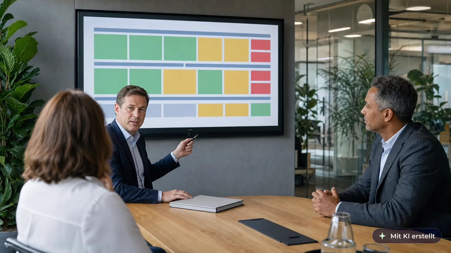Anti-money laundering officer presents his annual report to the management board in a meeting room