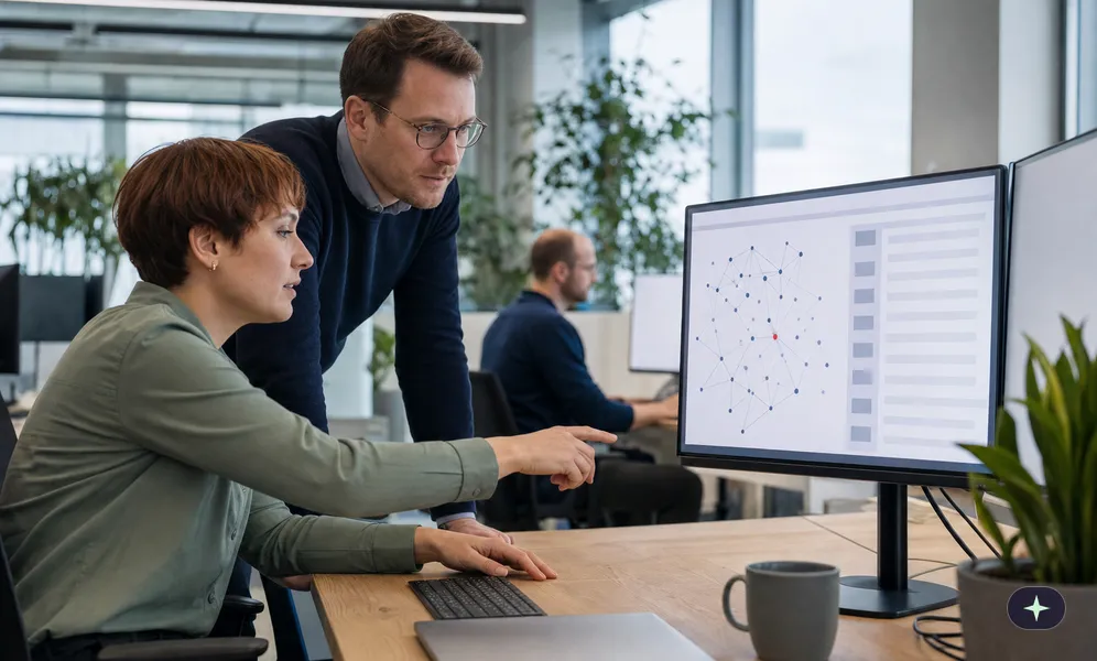 Analystin prüft am Monitor einen Treffer aus der laufenden Überwachung und bespricht ihn mit einem Kollegen