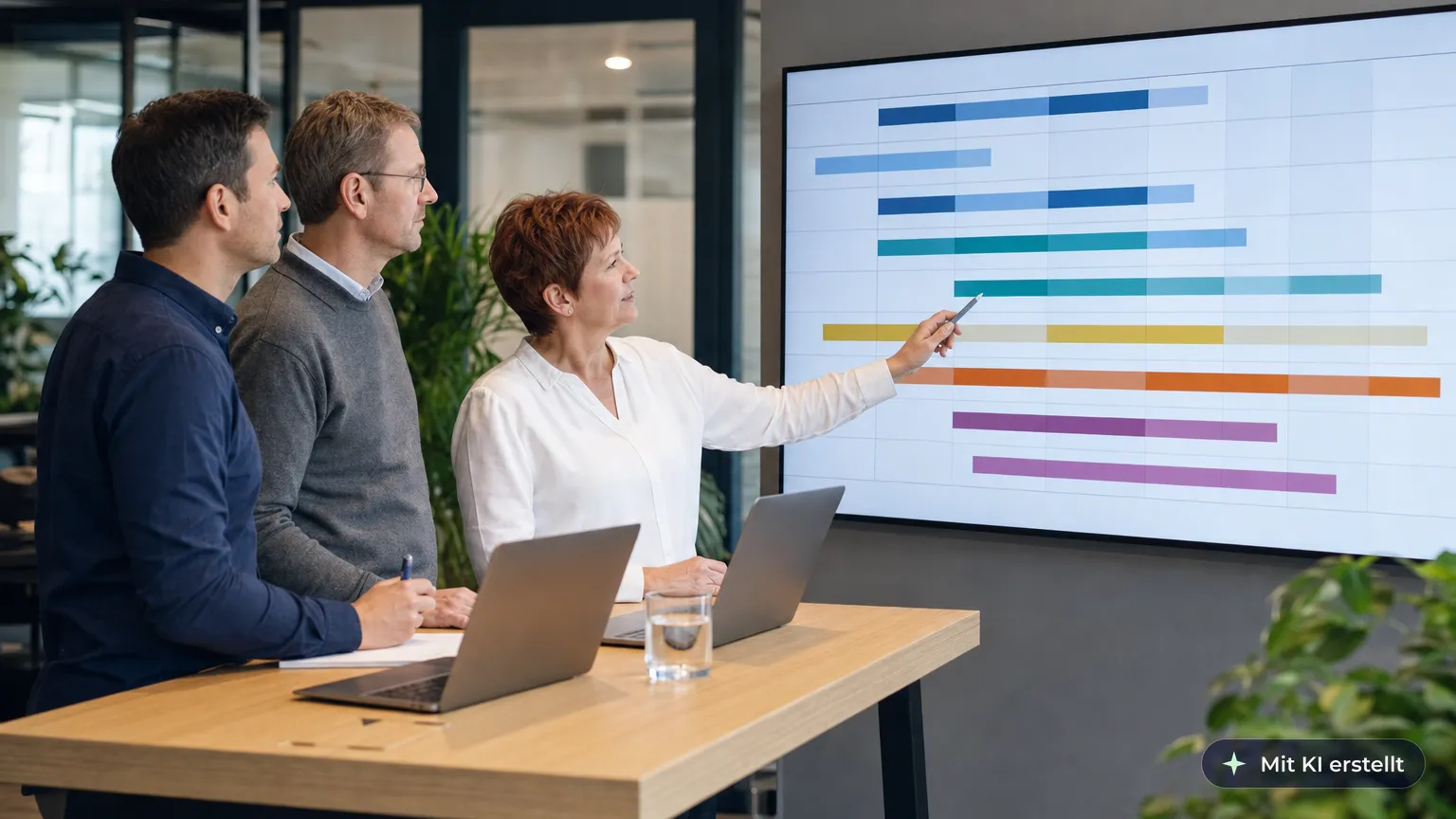 Head of internal audit plans the order of audits with two auditors at a standing table using a timeline