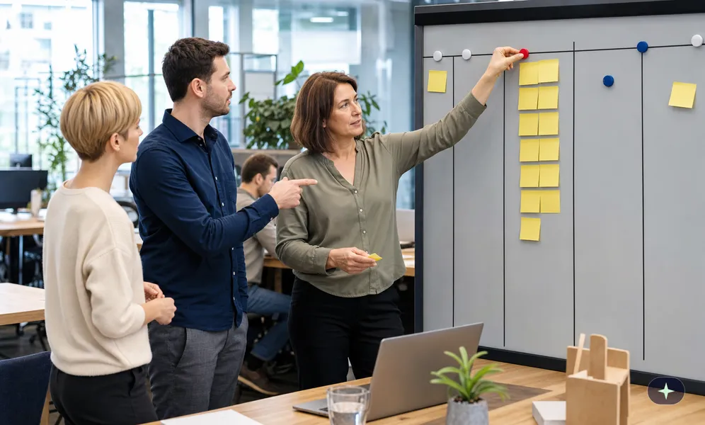 Sachbearbeiter zeigt der Teamleiterin an der Kanban-Tafel eine überfüllte Spalte, sie setzt dort eine Grenze