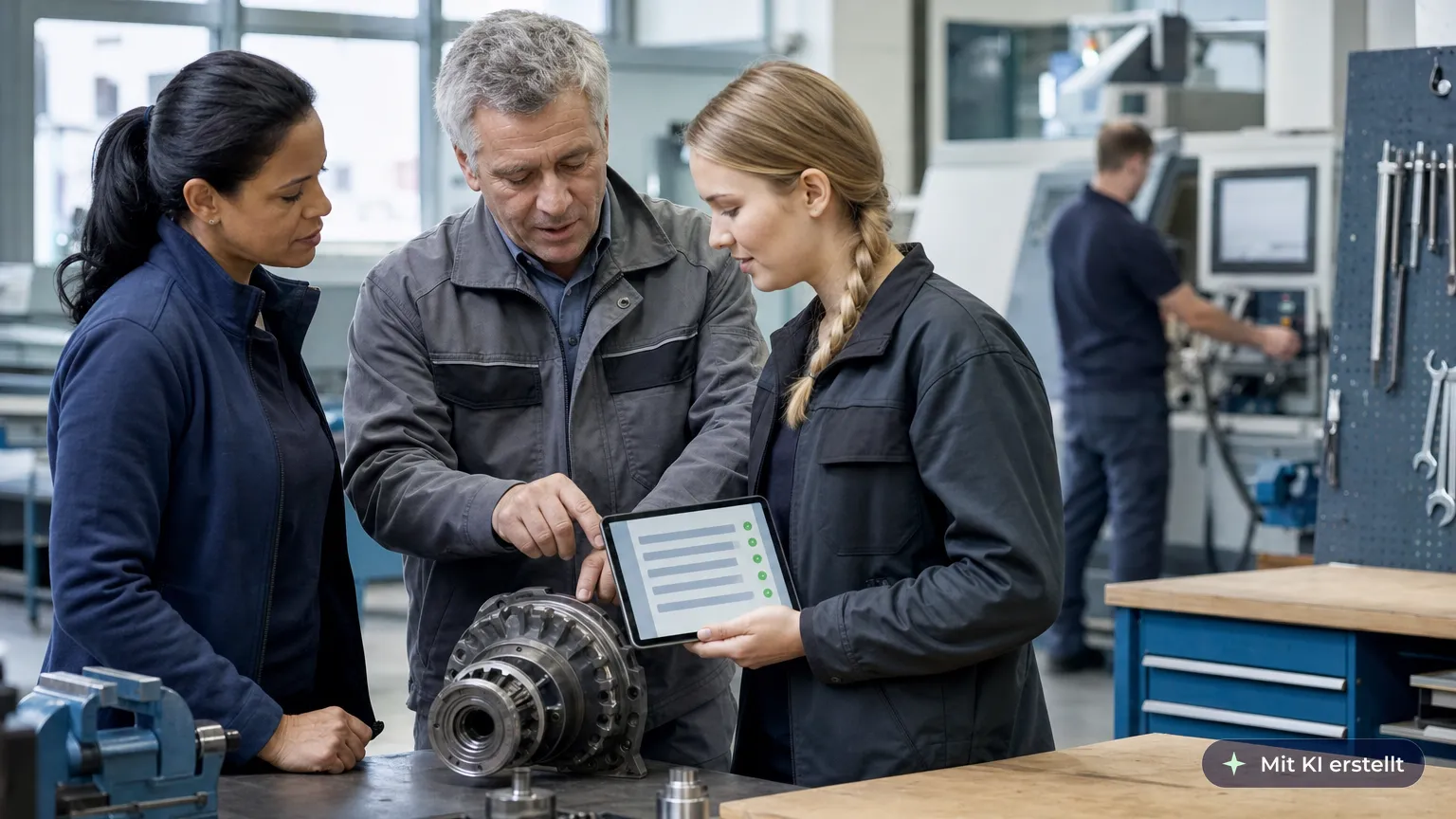 Erfahrener Techniker und junge Kollegin zeigen sich an der Werkbank Kniffe und App, die Teamleiterin hört zu