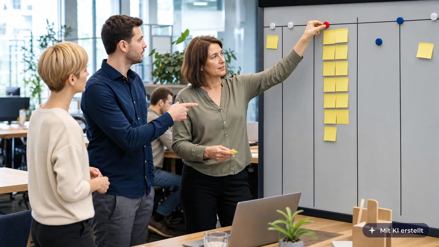 Sachbearbeiter zeigt der Teamleiterin an der Kanban-Tafel eine überfüllte Spalte, sie setzt dort eine Grenze