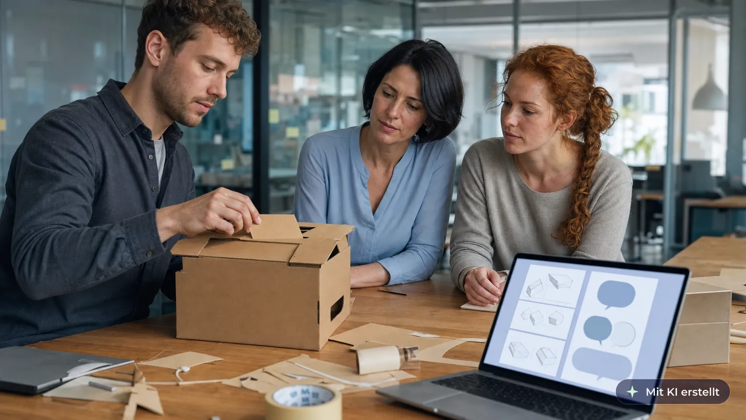 Colleague tests a cardboard prototype in the project room as the product lead and a colleague watch closely