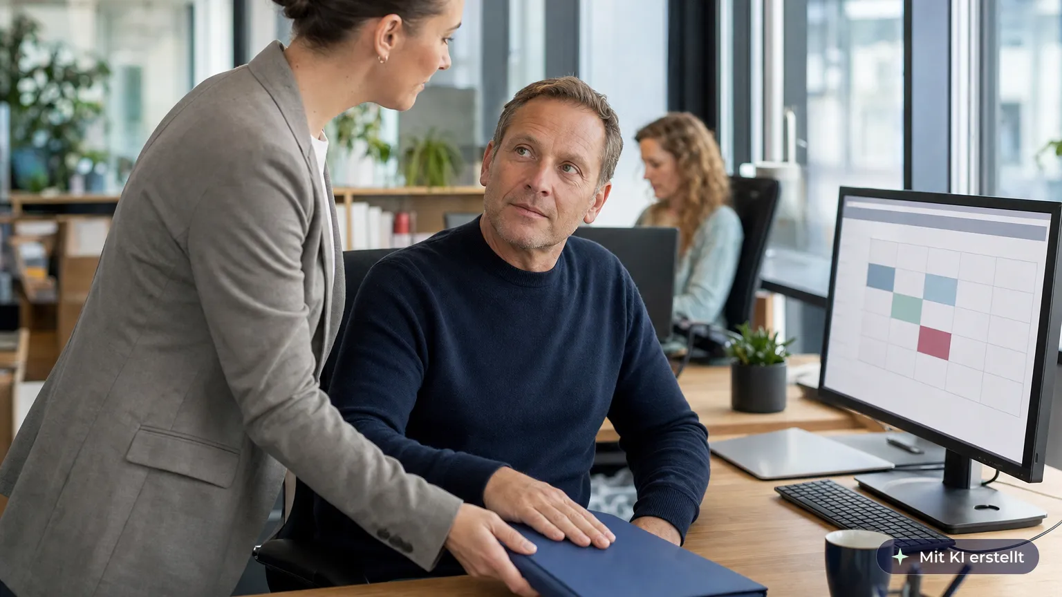 Team leader hands an experienced employee a new project and its closed folder at his window desk