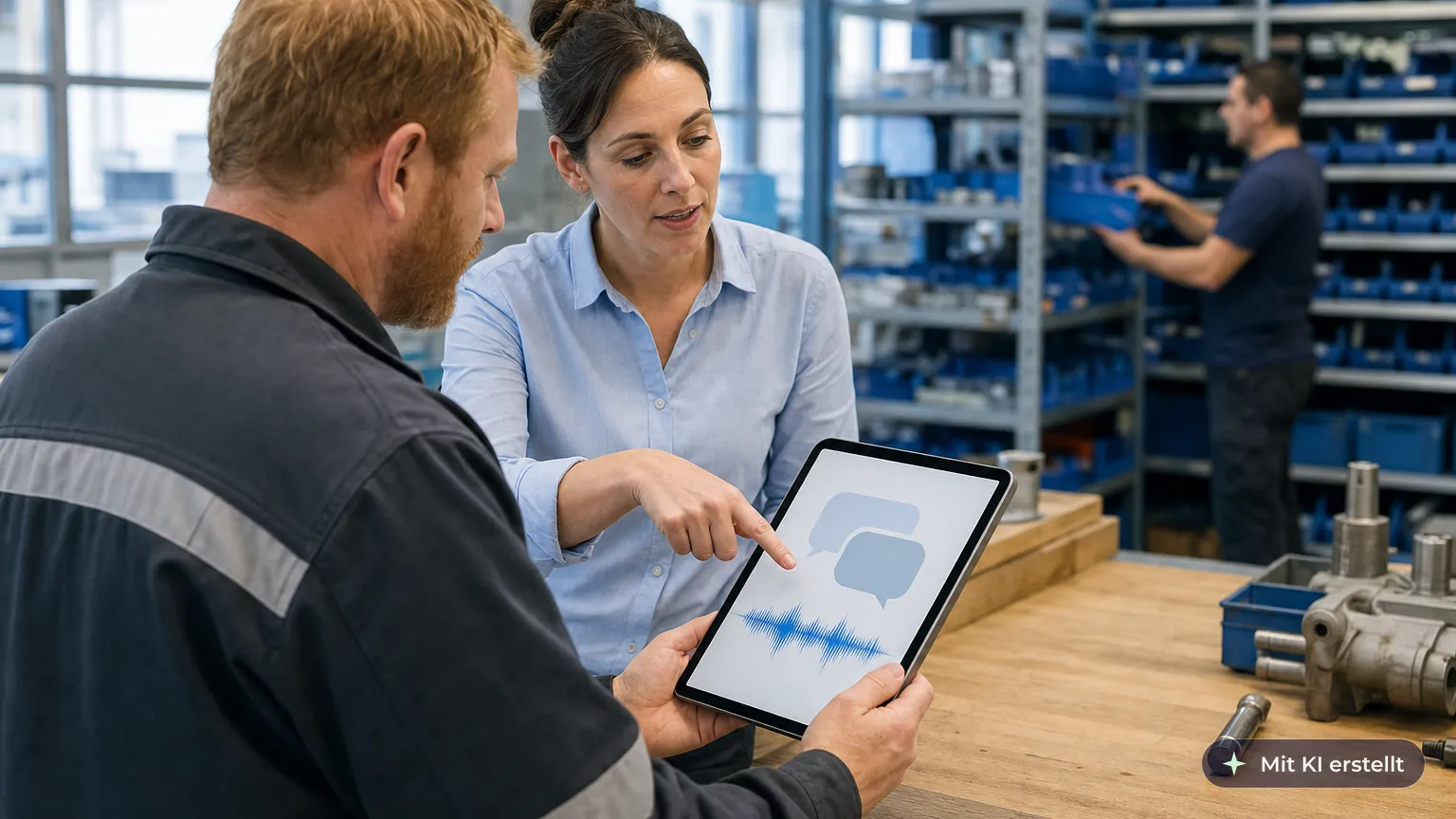 Lagerist spricht an der Materialausgabe eine Frage in einen KI-Assistenten auf dem Tablet, die Schichtleiterin hilft