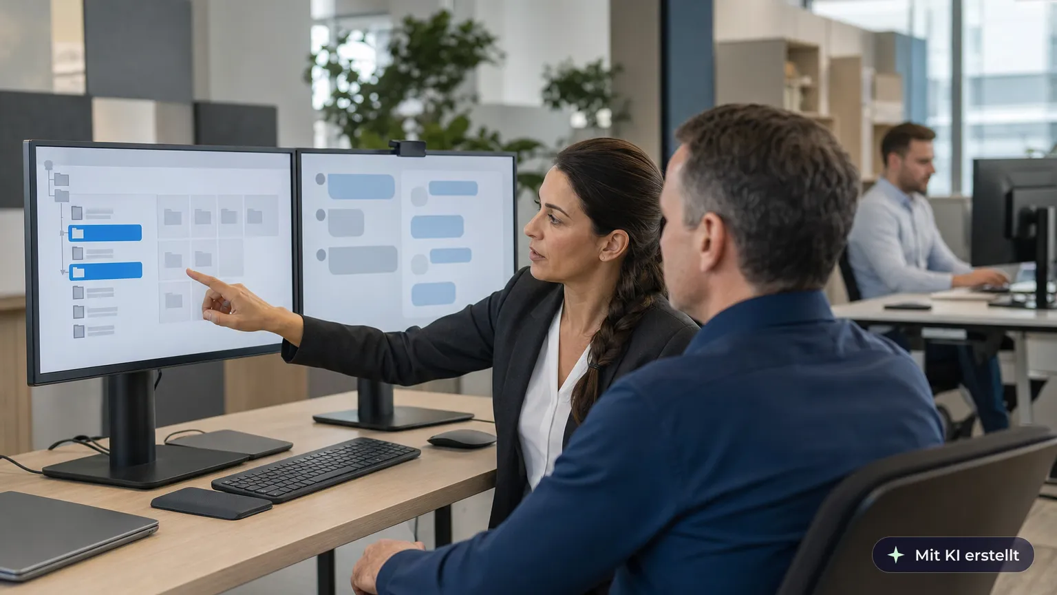 IT colleague and a controller decide at his dual monitor which folders an AI assistant may access