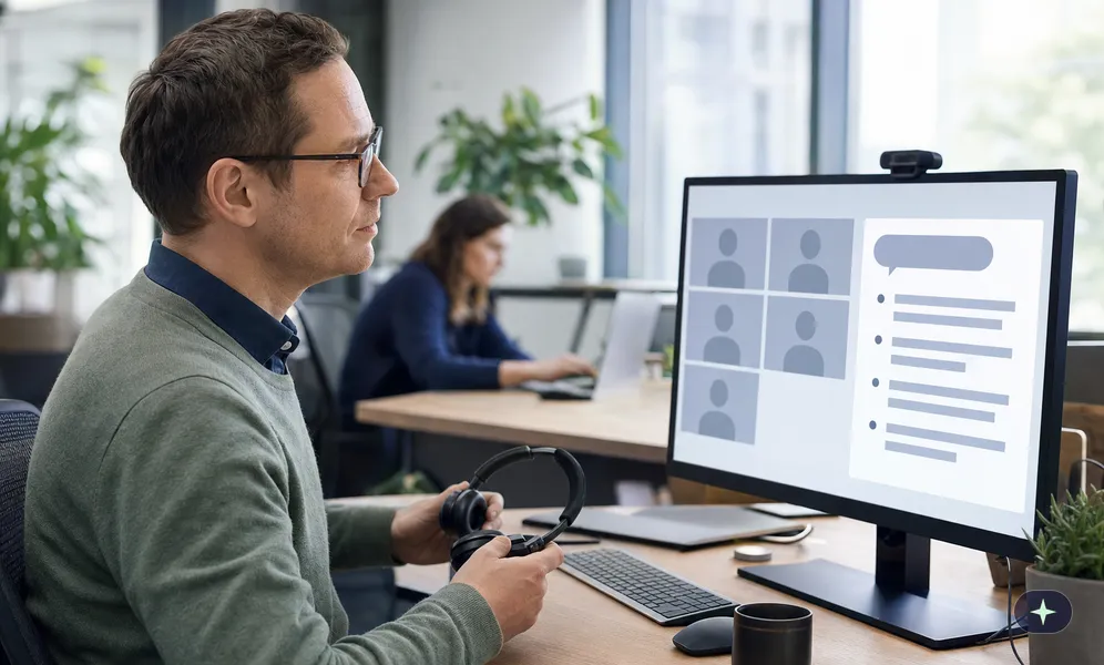 Mitarbeiter legt nach einem Online-Meeting das Headset ab und liest am Monitor die Zusammenfassung des KI-Assistenten