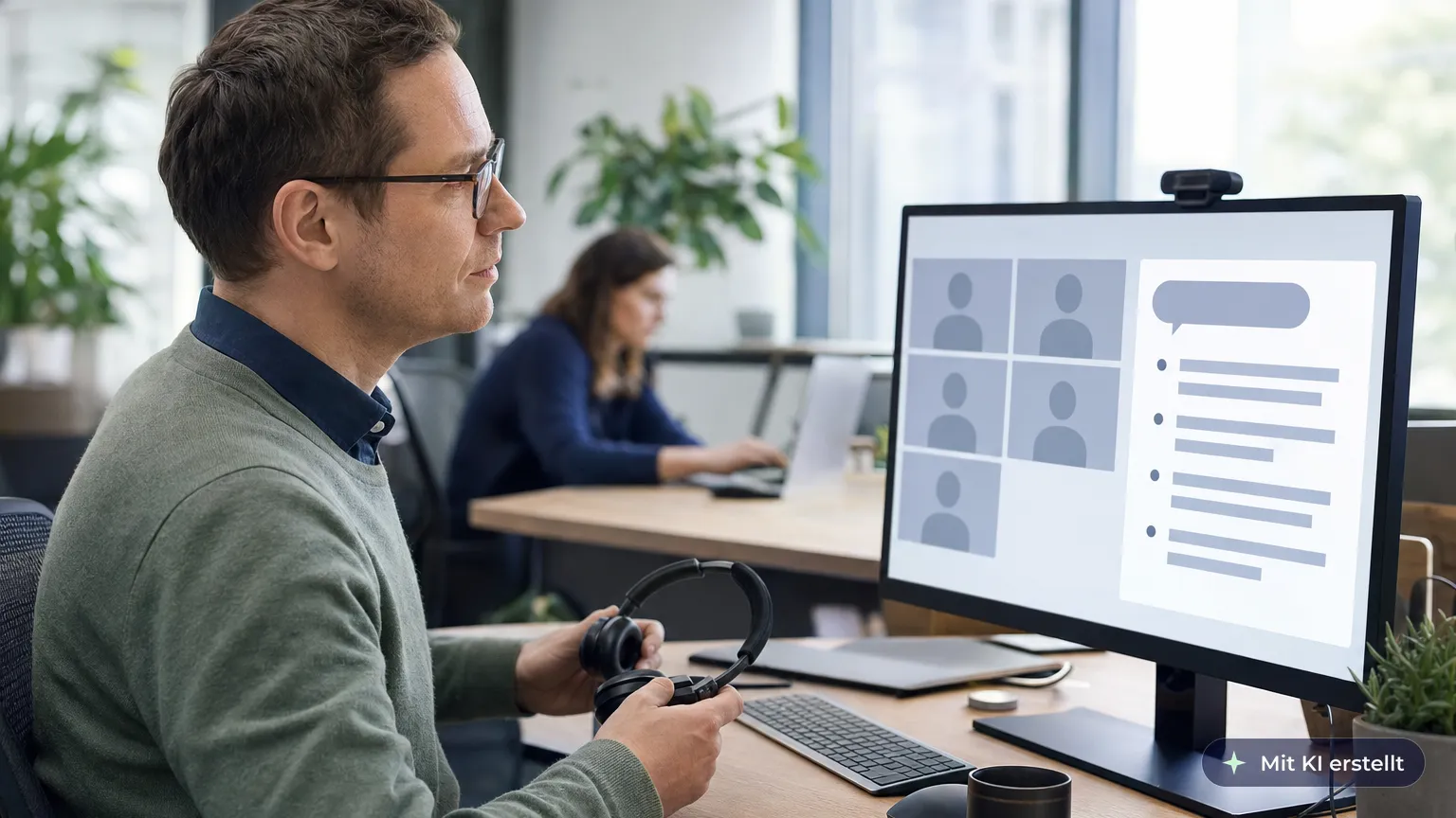 Mitarbeiter legt nach einem Online-Meeting das Headset ab und liest am Monitor die Zusammenfassung des KI-Assistenten