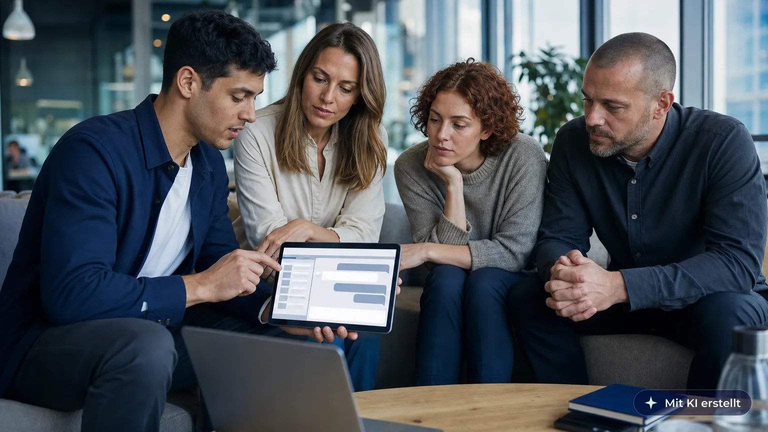 Colleague shows three team members in the lounge the AI assistant he set up for the team on his tablet