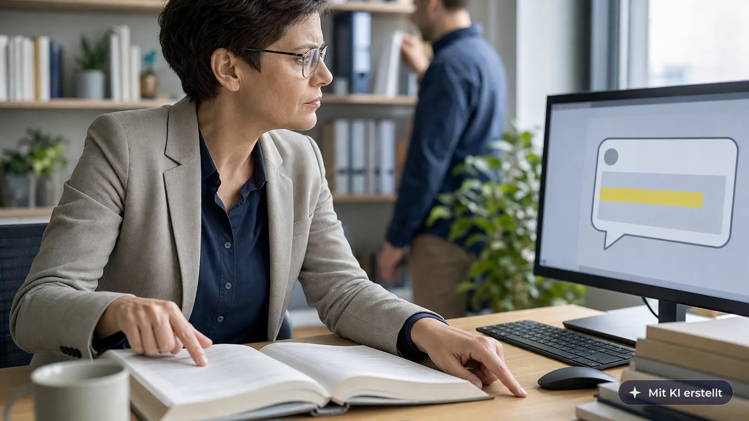 Specialist at her window desk compares a highlighted AI answer on the monitor with the original source in a book