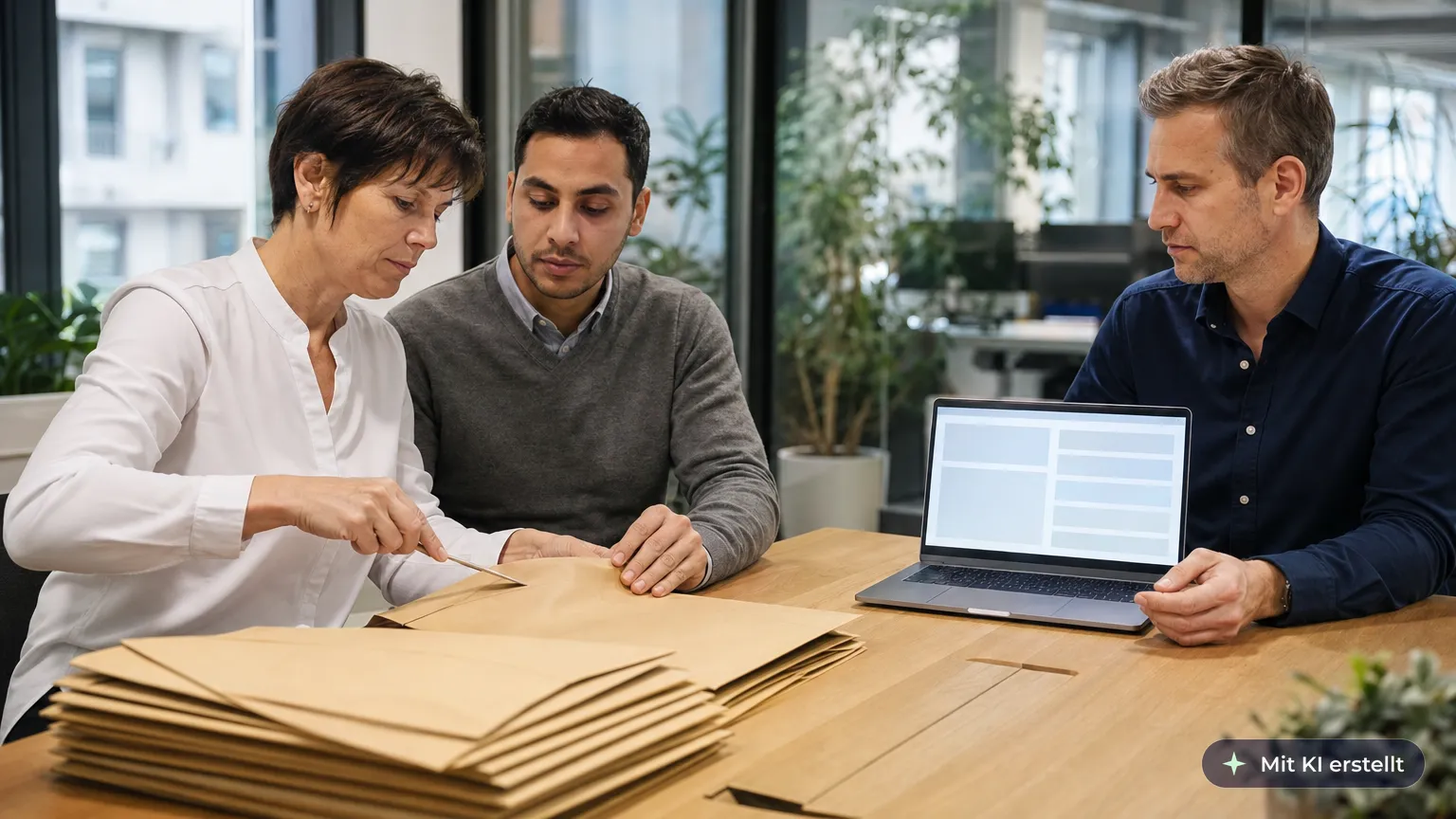 Procurement office staff open the sealed tender envelopes together in a meeting room